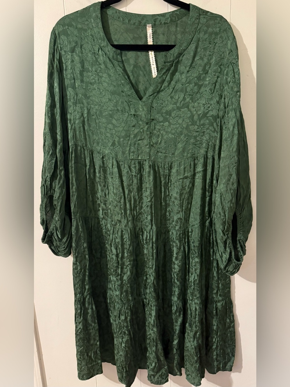 Uncle Frank Dress Womens Green Floral Jacquard Tiered Trapeze Boho V Neck, S